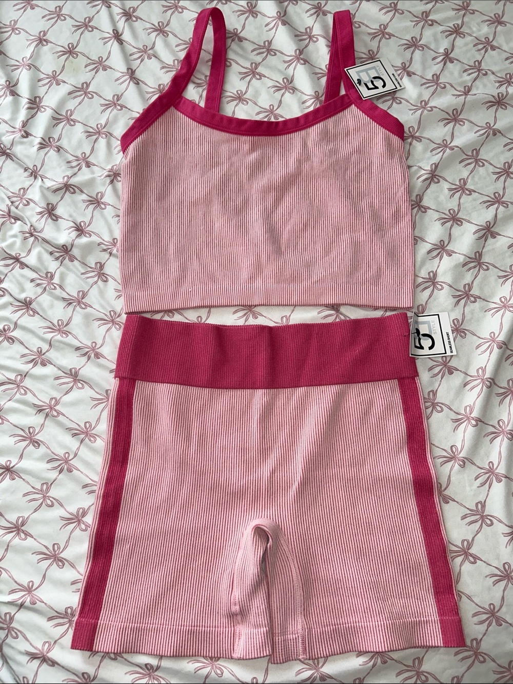 Ribbed Two-Tone Pink Seamless Sports Bra & Bike Short Set